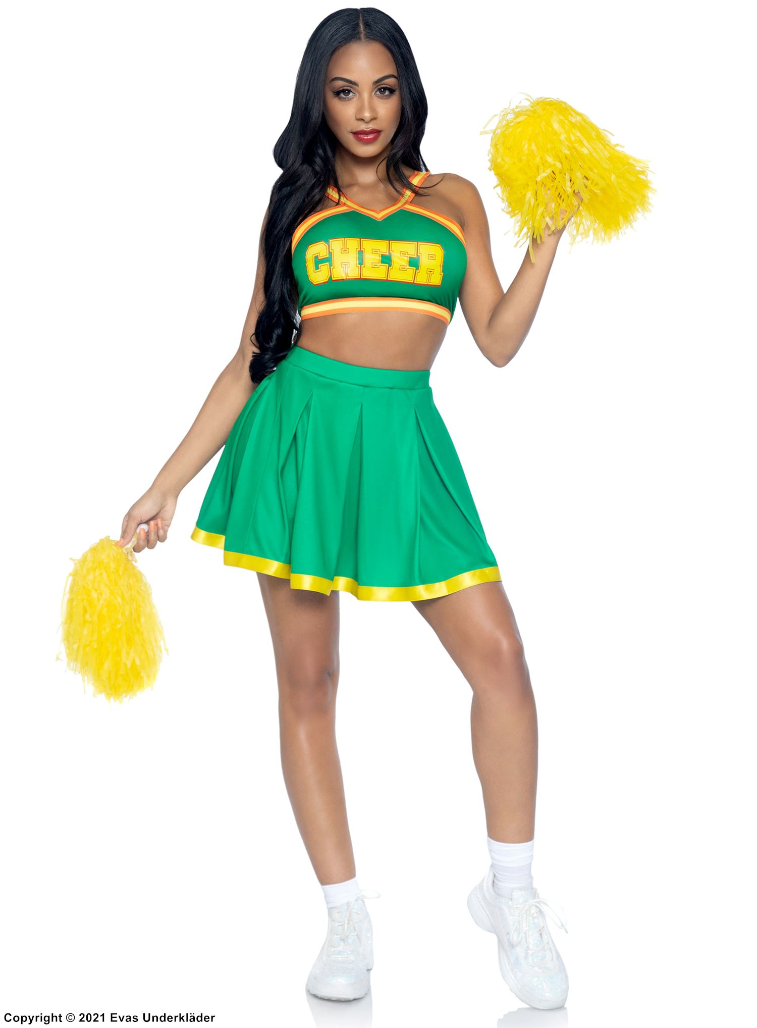 Cheerleader, top and skirt costume, pleats, pom pom, stripes
